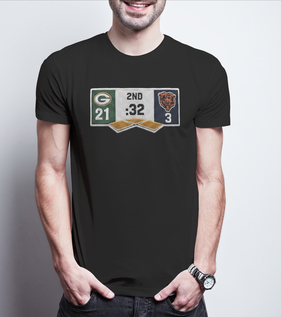 Packers 21 Bears 3 Second Quarter Scoreboard Patch T-Shirt