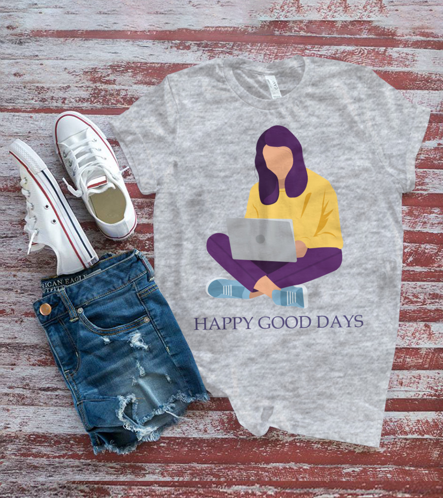 HAPPY GOOD DAYS Laptop Sitting Woman T-Shirt