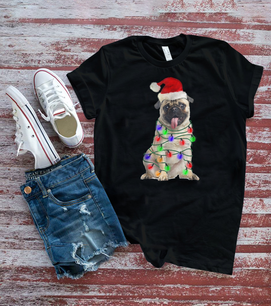 Christmas Pug Wrapped In Festive Lights Wearing Santa Hat T-Shirt