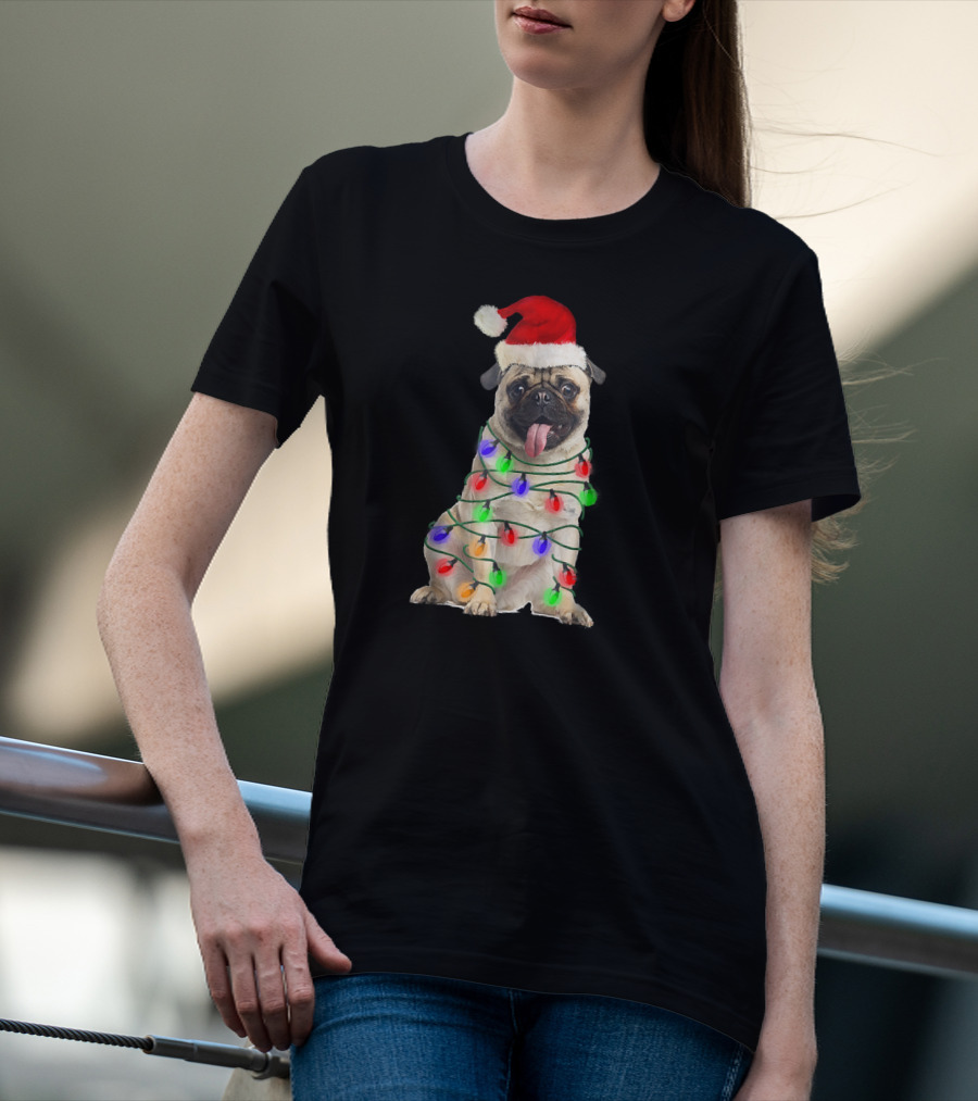 Christmas Pug Wrapped In Festive Lights Wearing Santa Hat T-Shirt