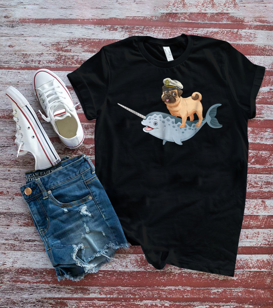 Captain Pug On Narwhal Funny Pug Adventure T-Shirt