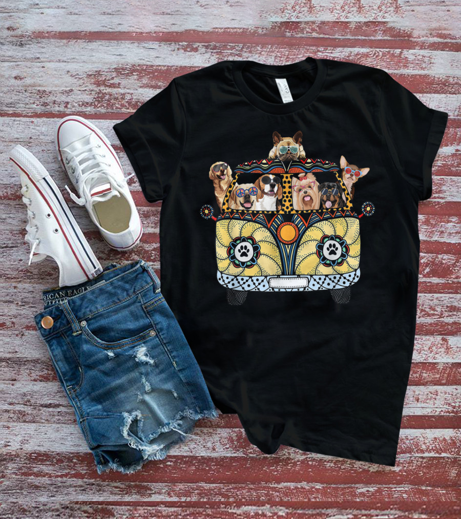 Hippie Van With Dogs And Sunglasses Peace Love Summer Vibes T-Shirt