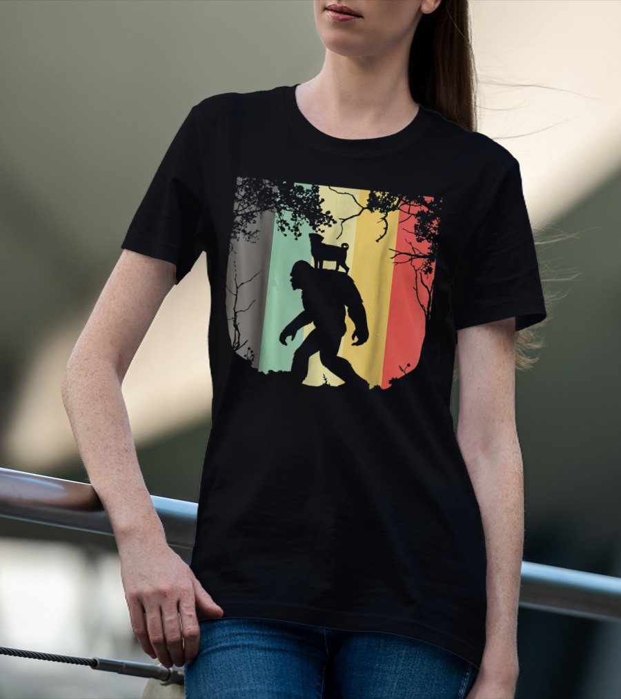 Pug Riding Bigfoot Vintage Retro Sunset Stripes T-Shirt