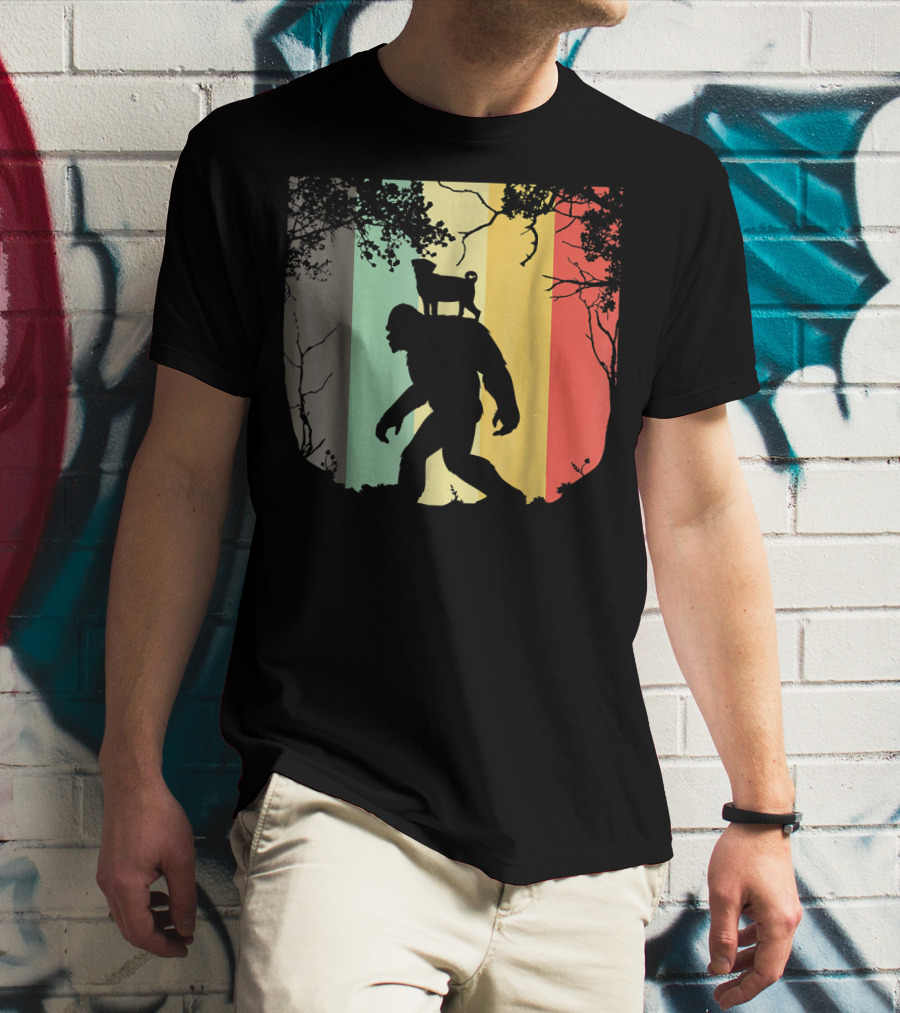 Pug Riding Bigfoot Vintage Retro Sunset Stripes T-Shirt