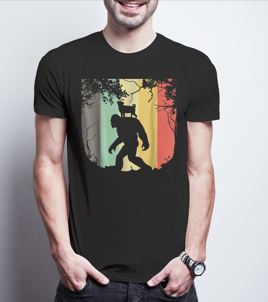 Pug Riding Bigfoot Vintage Retro Sunset Stripes T-Shirt