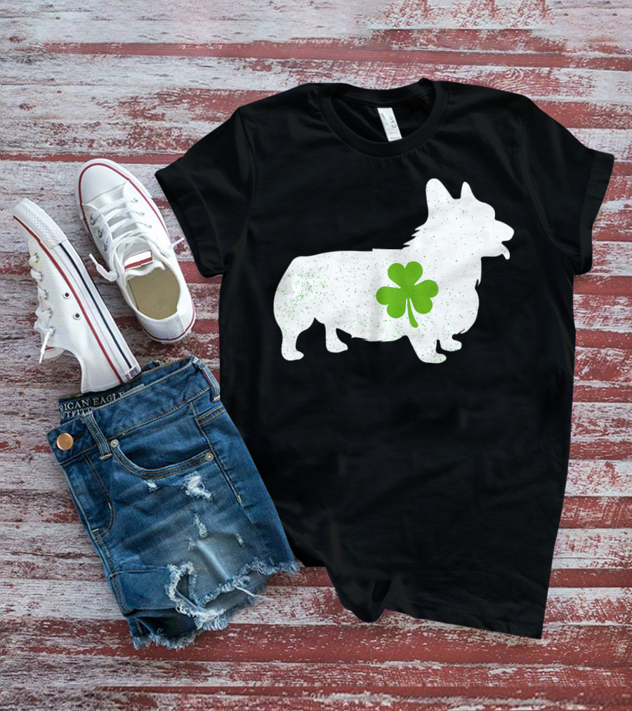 Corgi Silhouette With Green Clover Irish T-Shirt