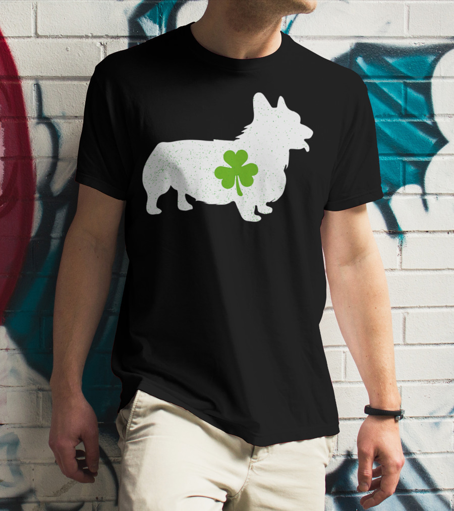 Corgi Silhouette With Green Clover Irish T-Shirt