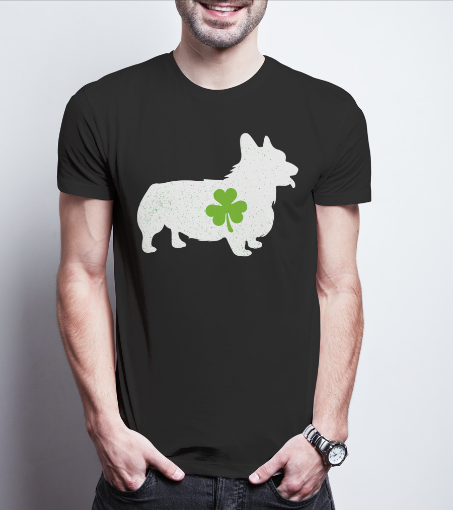 Corgi Silhouette With Green Clover Irish T-Shirt
