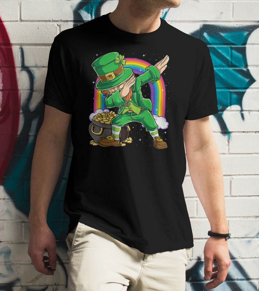 Dabbing Leprechaun St Patricks Day Boys Dab With Pot Of Gold And Rainbow T-Shirt