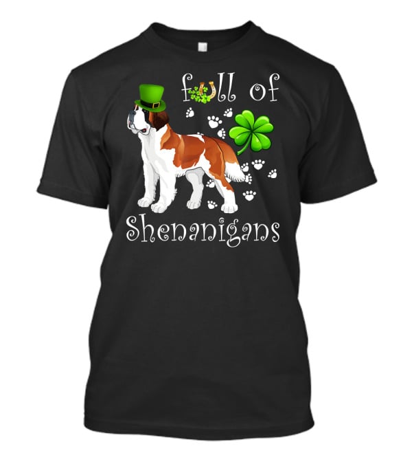 Full Of Shenanigans St Bernard Dog With Shamrock Hat And Paw Prints T-Shirt