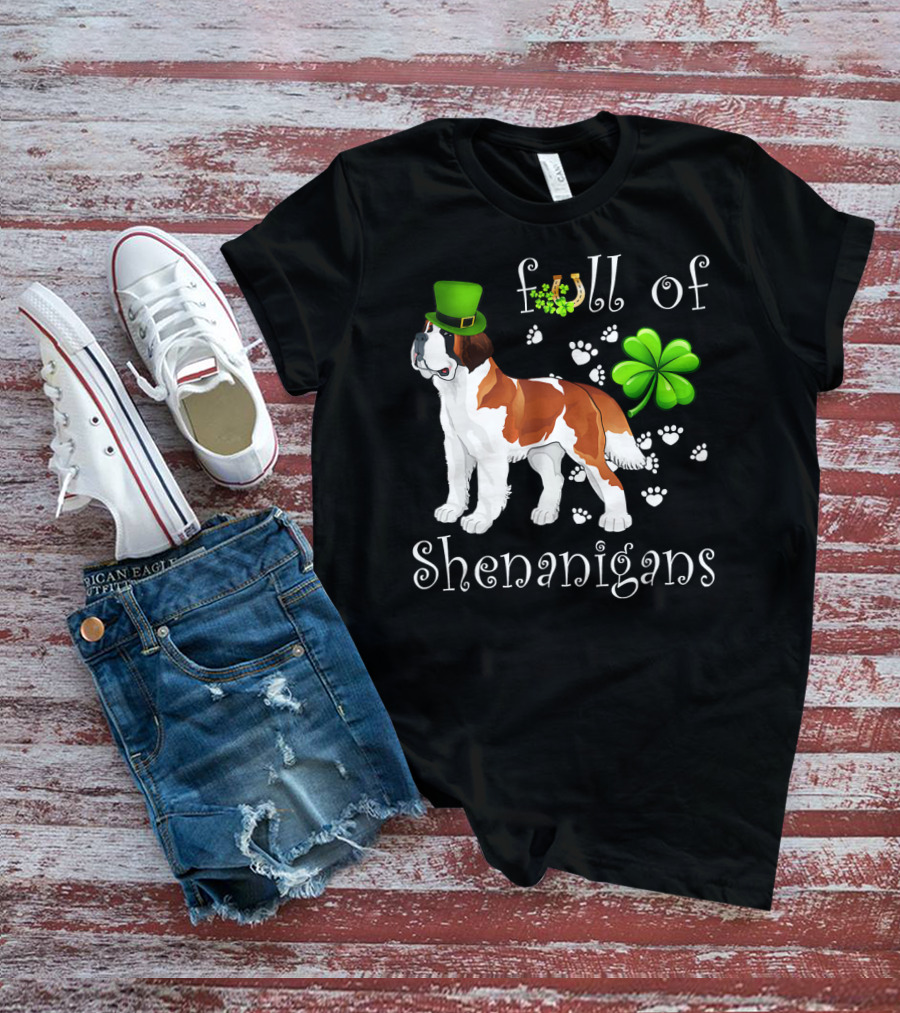 Full Of Shenanigans St Bernard Dog With Shamrock Hat And Paw Prints T-Shirt
