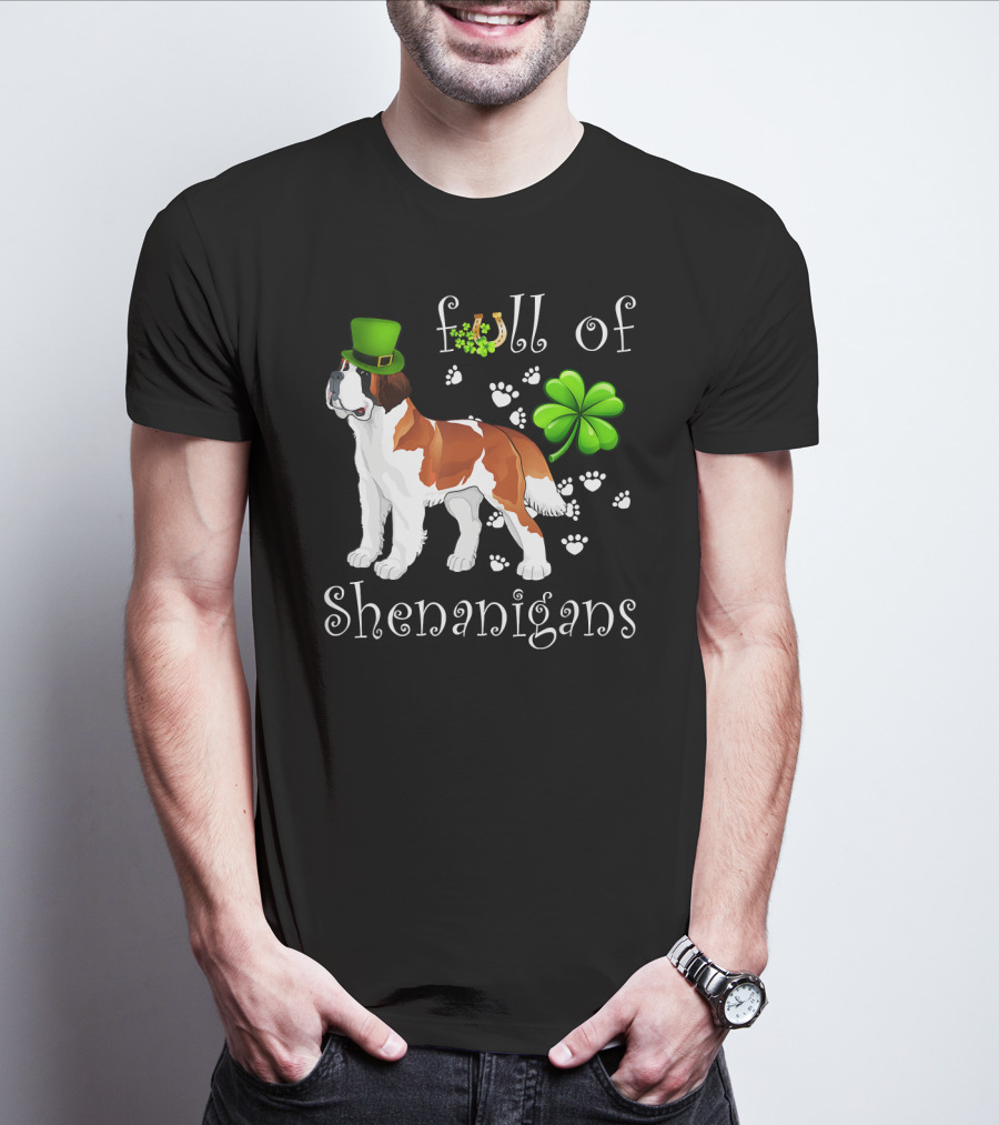 Full Of Shenanigans St Bernard Dog With Shamrock Hat And Paw Prints T-Shirt