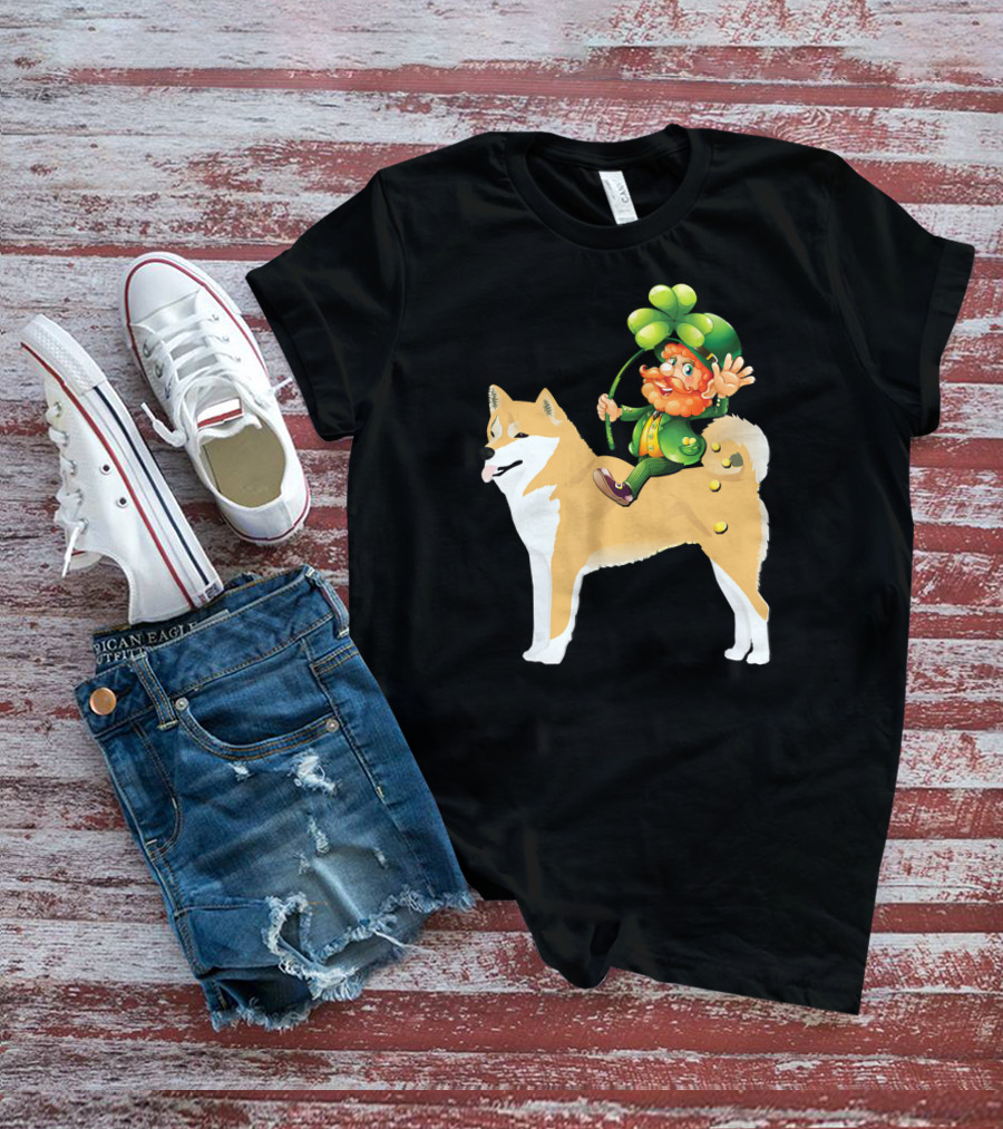 Leprechaun On Shiba Inu With Shamrock Rider T-Shirt