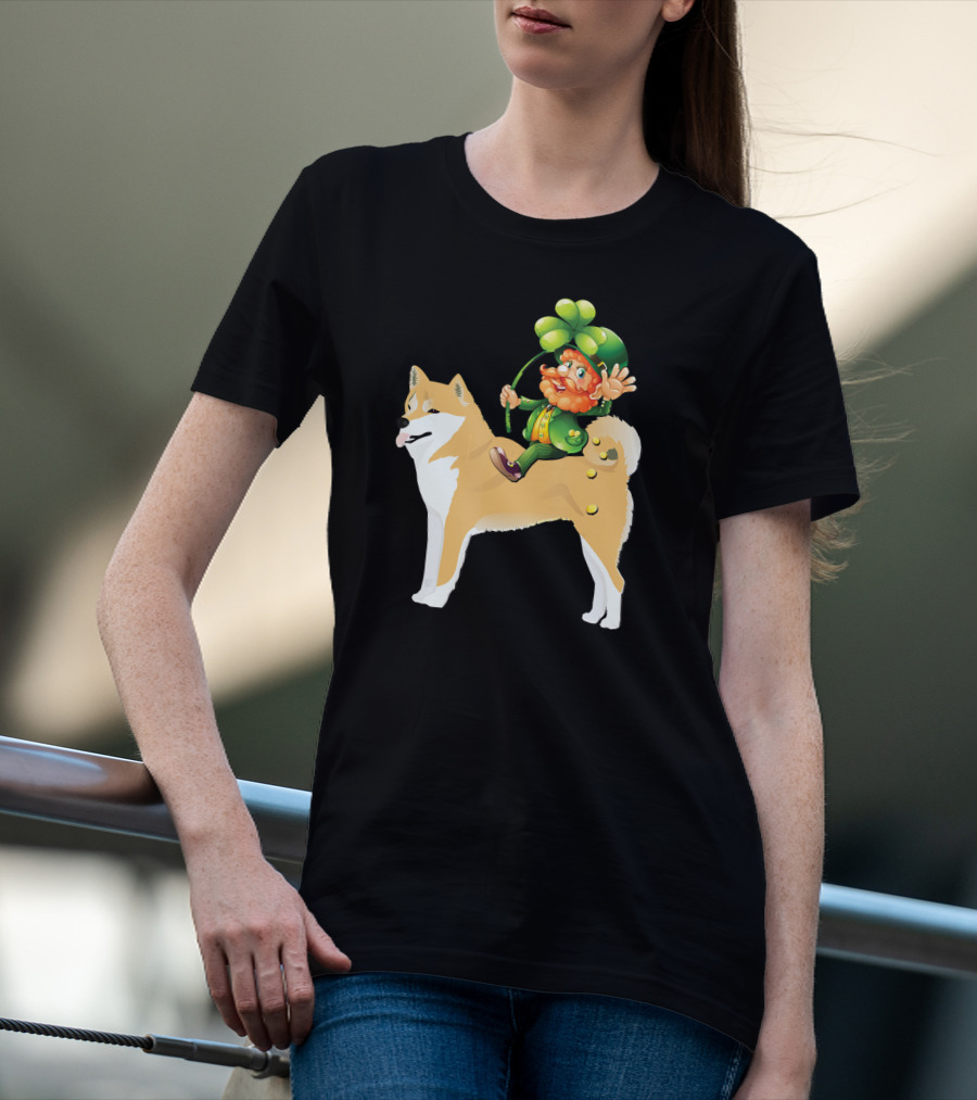 Leprechaun On Shiba Inu With Shamrock Rider T-Shirt