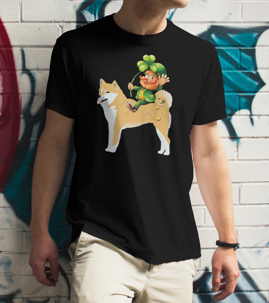 Leprechaun On Shiba Inu With Shamrock Rider T-Shirt