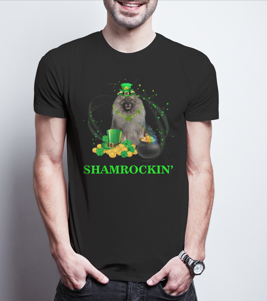 Shamrockin Keeshond St Patricks Day Dog With Green Hat And Gold Coins T-Shirt