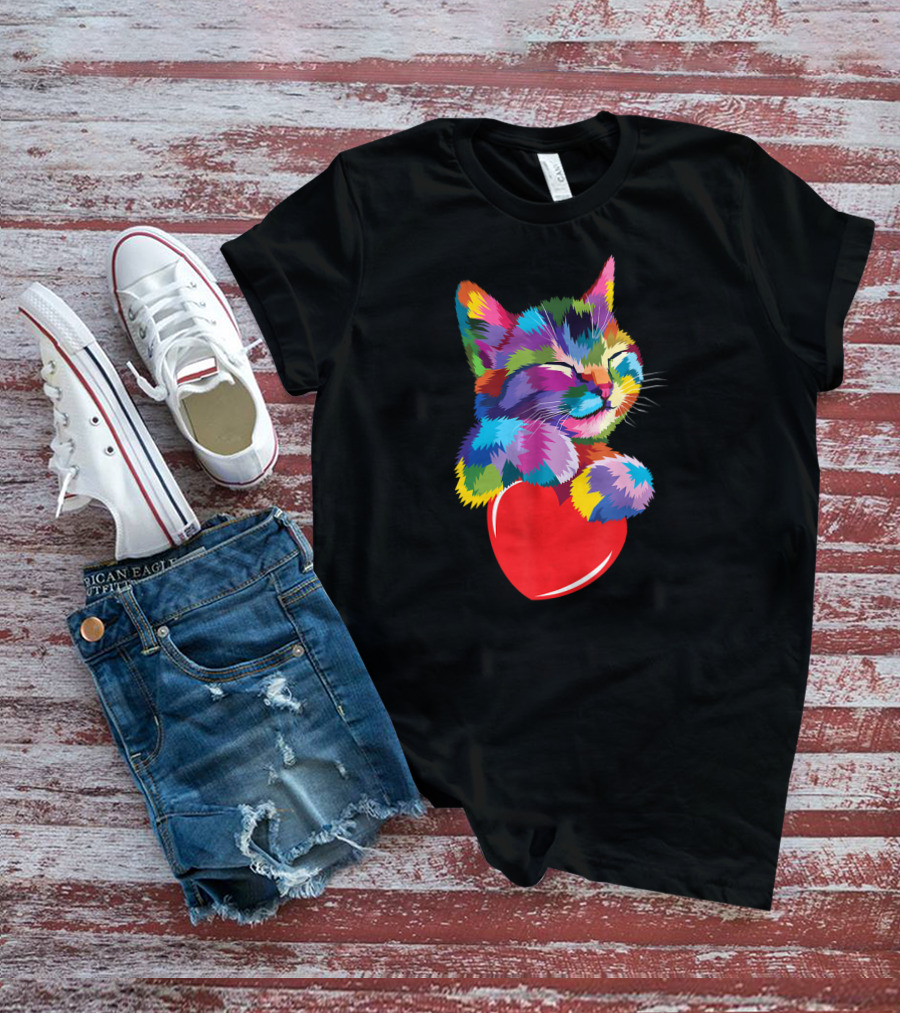 Colorful Cute Kitty For Kitten Lovers Adoption With Heart T-Shirt