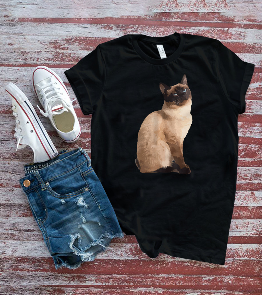 Siamese Cat Cute Siamese Cat Sitting Brown Fur Blue Eyes T-Shirt