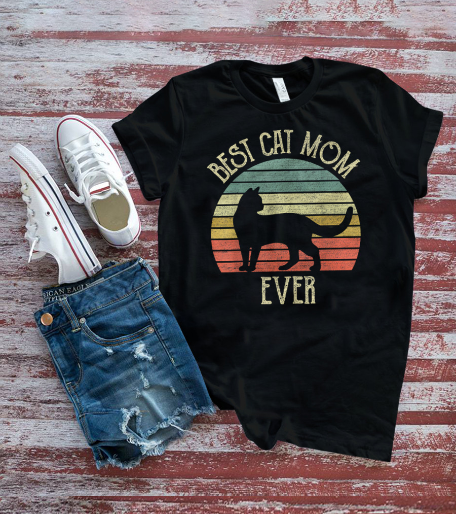 Vintage Best Cat Mom Ever Retro Stripes Cat Lovers T-Shirt
