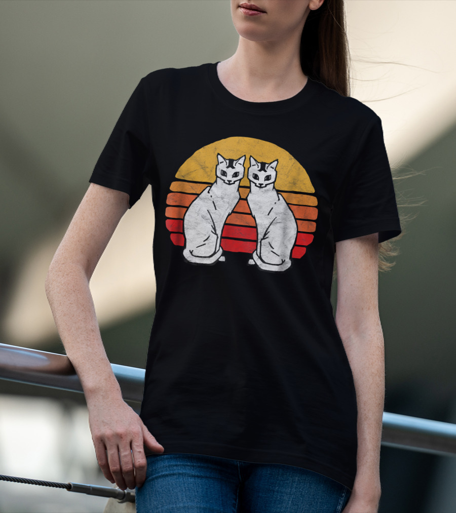 Vintage Eighties Style Twin Siamese Cats With Retro Sunset Stripes T-Shirt