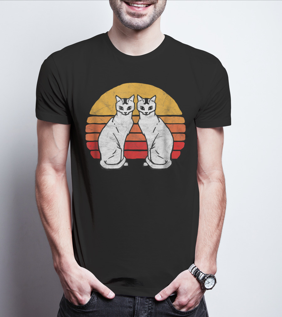 Vintage Eighties Style Twin Siamese Cats With Retro Sunset Stripes T-Shirt