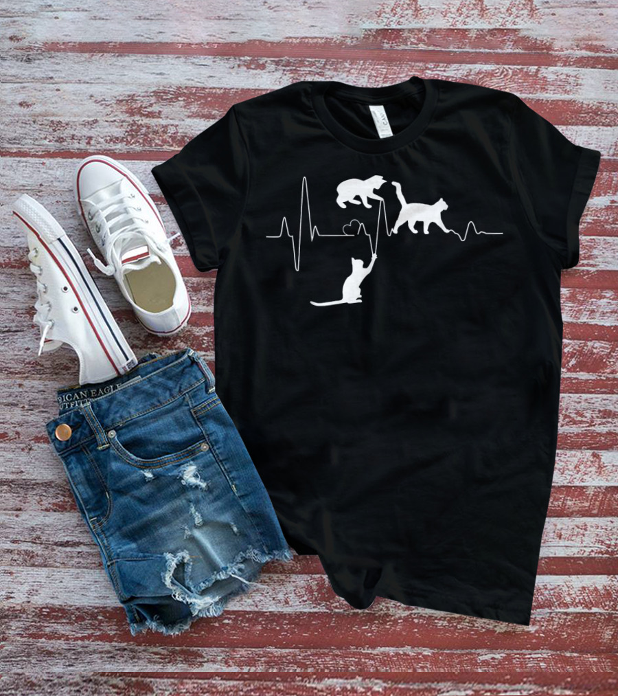 Cat Heartbeat Funny Cats Playing On Heartline T-Shirt