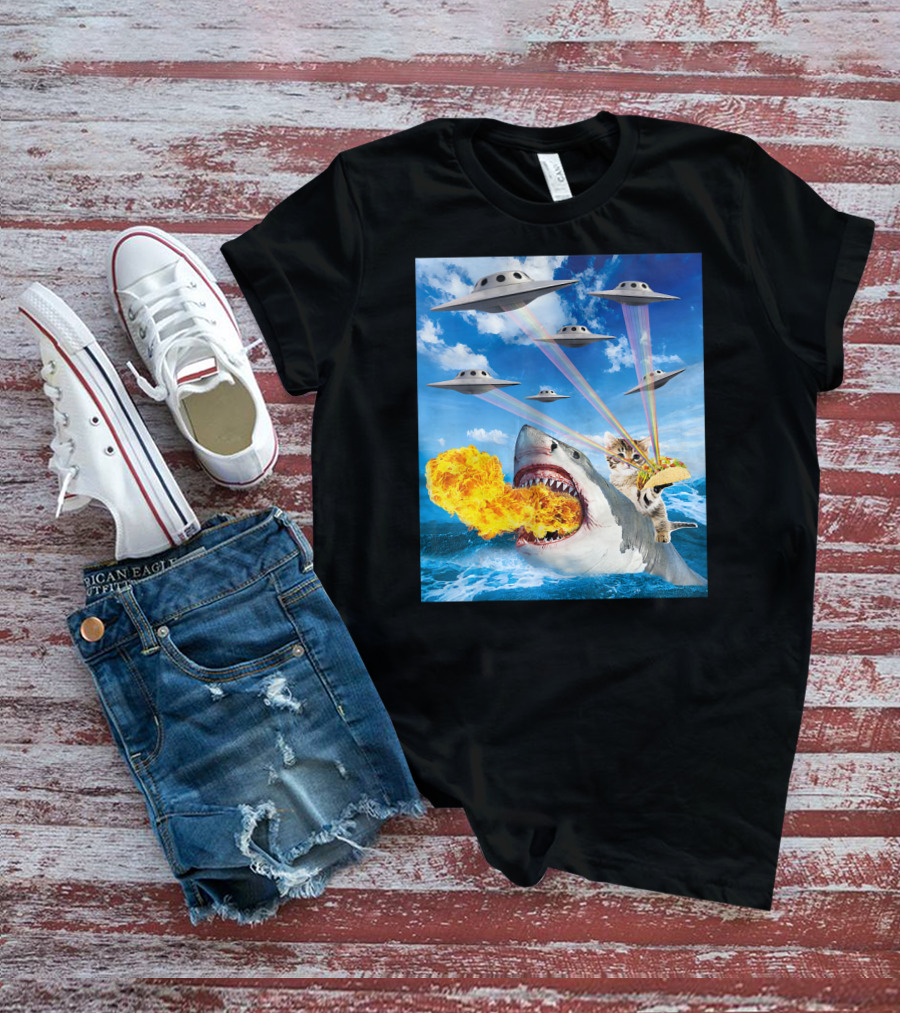 Cat Riding Fire Breathing Shark With UFO Rainbow Lasers And Taco T-Shirt