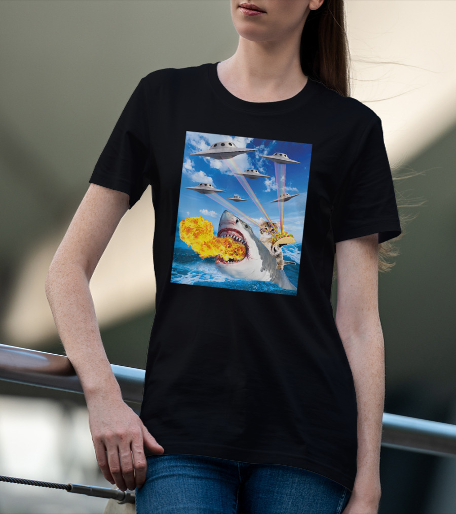 Cat Riding Fire Breathing Shark With UFO Rainbow Lasers And Taco T-Shirt