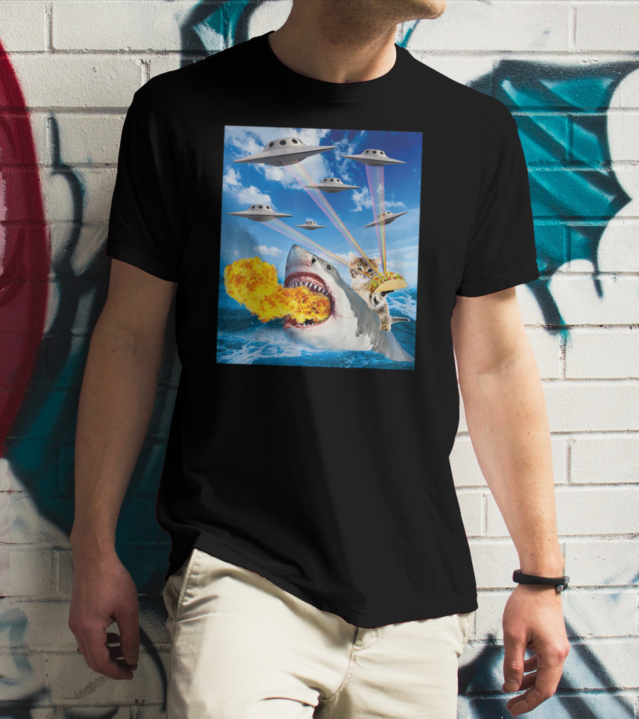 Cat Riding Fire Breathing Shark With UFO Rainbow Lasers And Taco T-Shirt