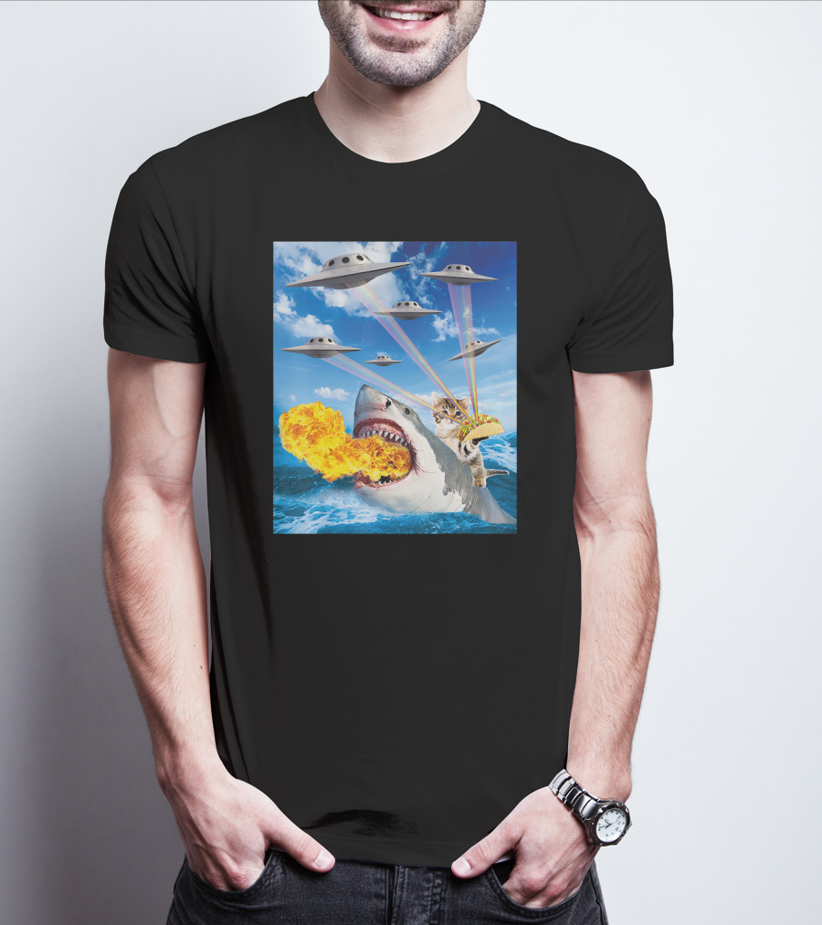 Cat Riding Fire Breathing Shark With UFO Rainbow Lasers And Taco T-Shirt