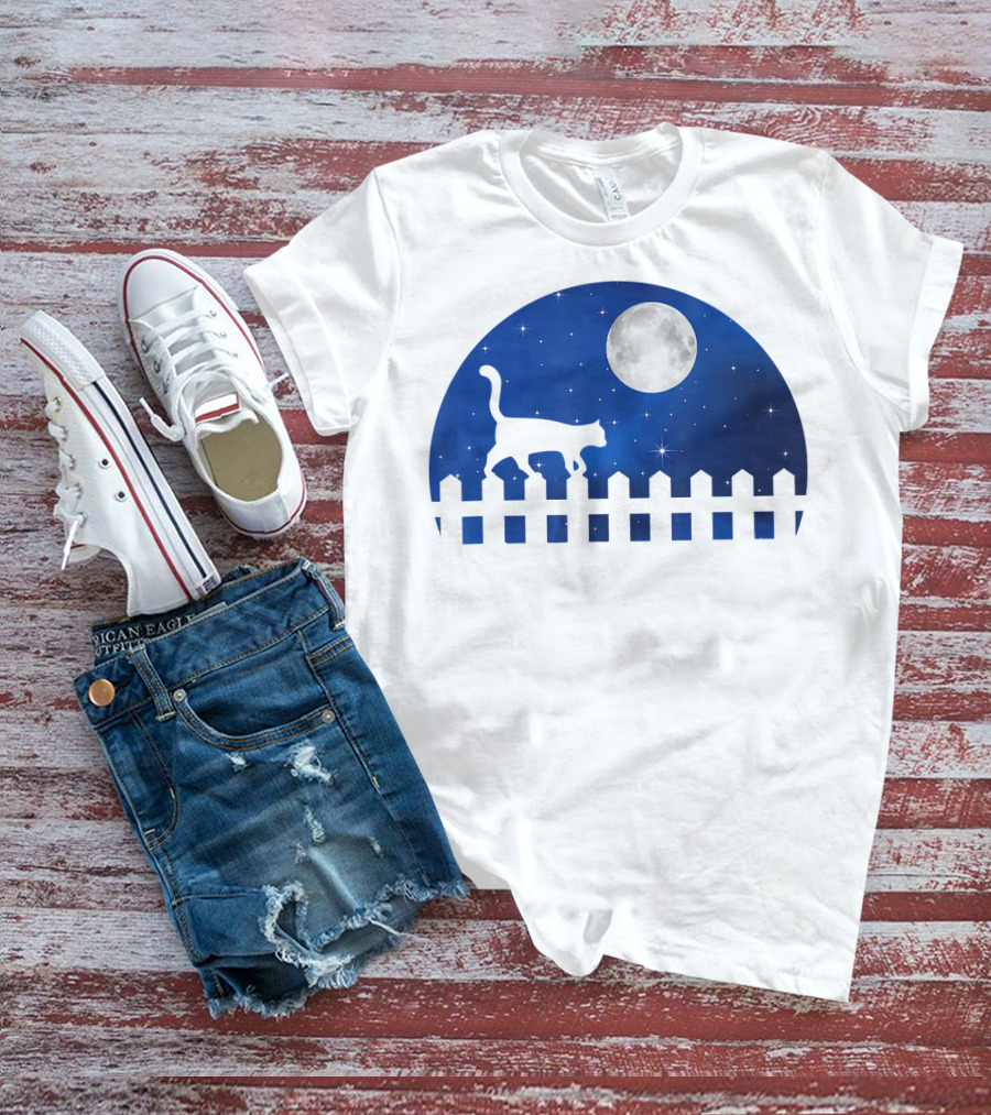 Cat Cat Moon Night Sky Walking Fence T-Shirt