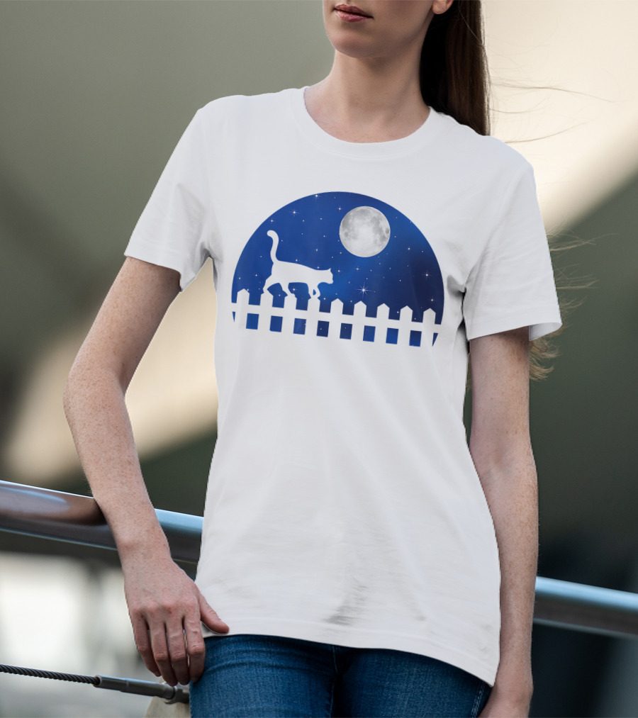 Cat Cat Moon Night Sky Walking Fence T-Shirt