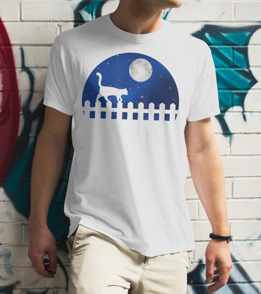 Cat Cat Moon Night Sky Walking Fence T-Shirt