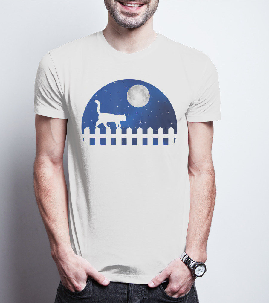 Cat Cat Moon Night Sky Walking Fence T-Shirt