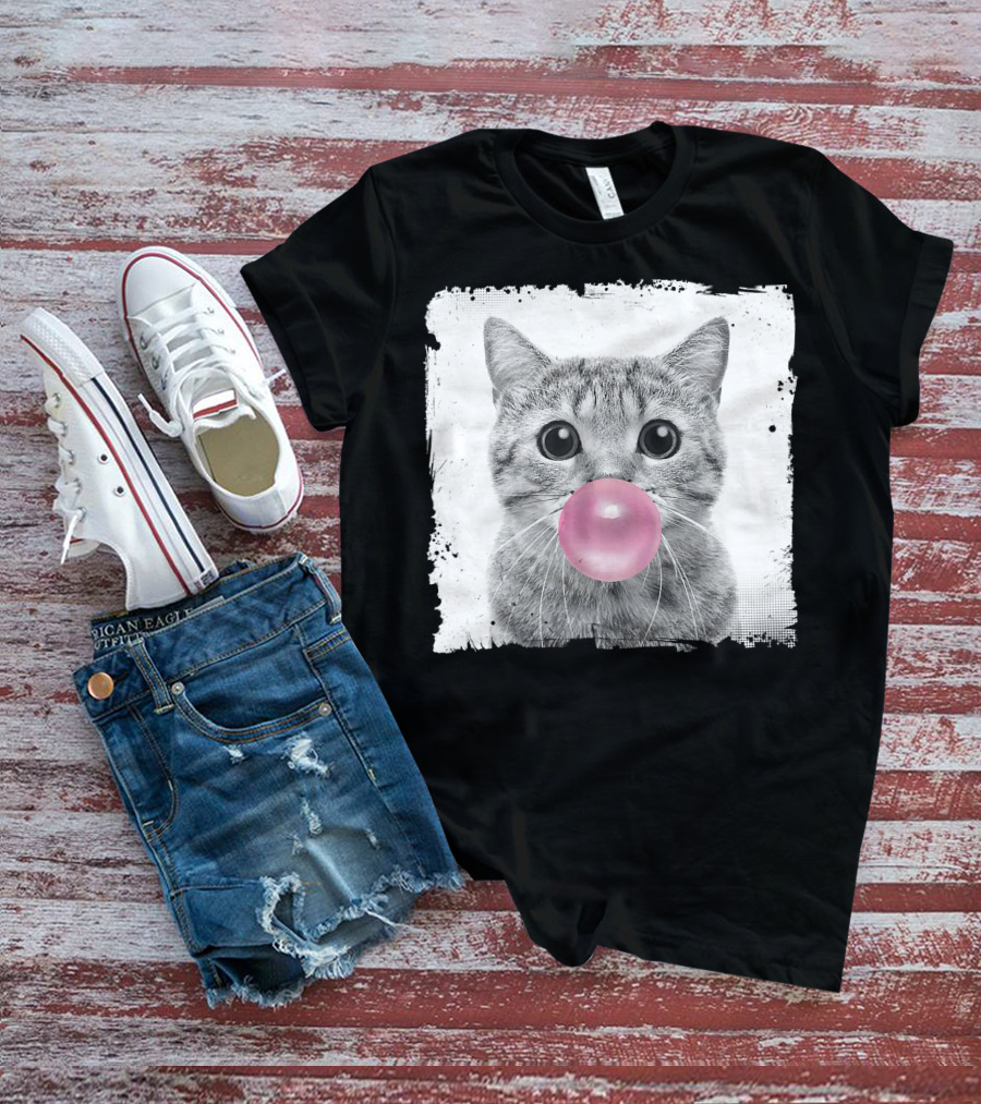 Cute Cat Blowing Pink Bubble Gum For Animal Lover Black And White Sketch T-Shirt