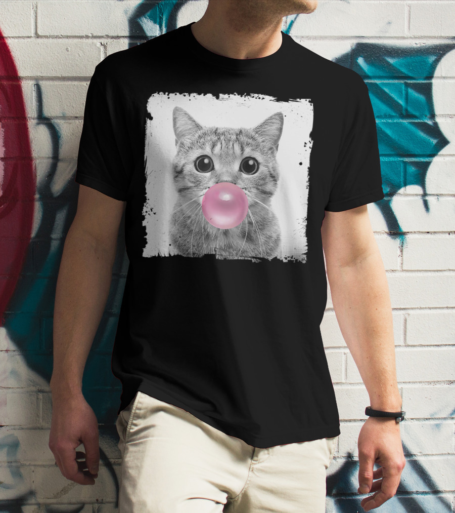 Cute Cat Blowing Pink Bubble Gum For Animal Lover Black And White Sketch T-Shirt