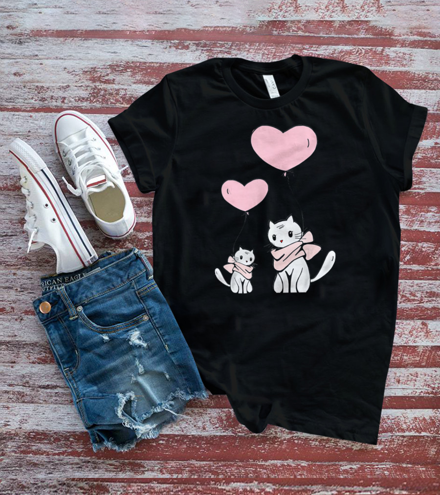CUTE CATS Wearing Scarves Holding Pink Heart Balloons T-Shirt