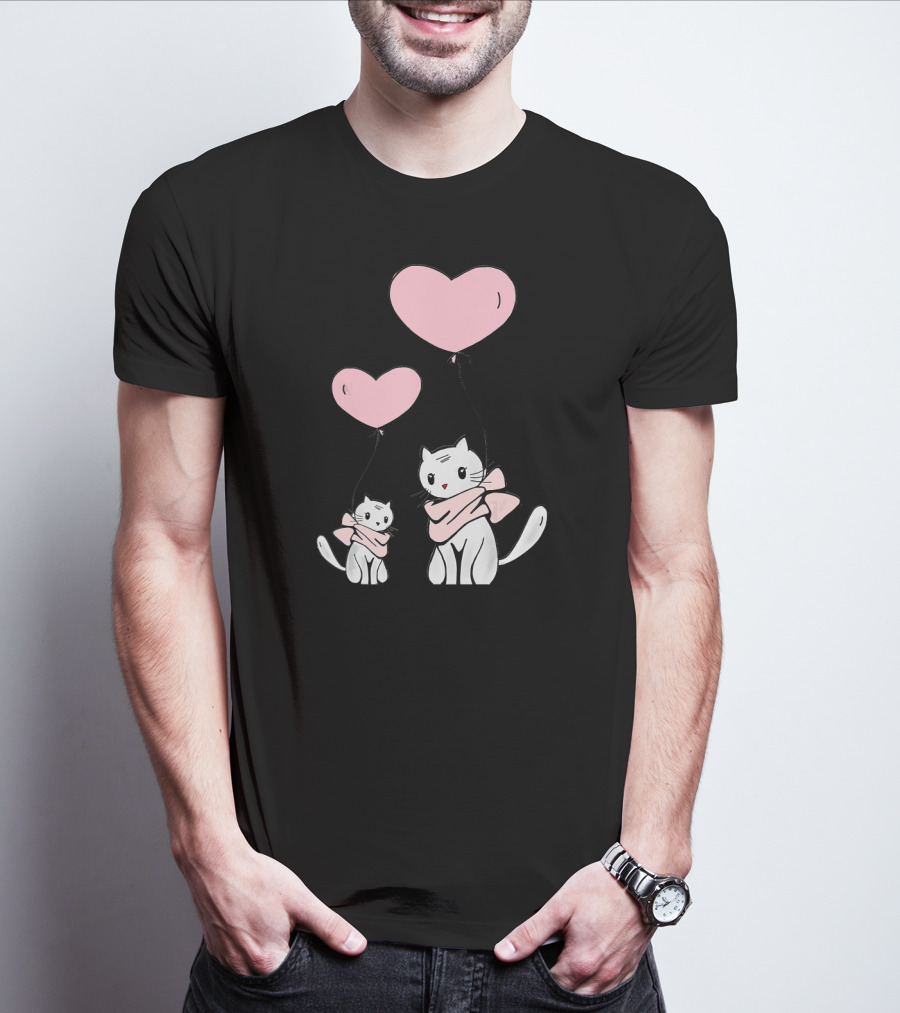 CUTE CATS Wearing Scarves Holding Pink Heart Balloons T-Shirt