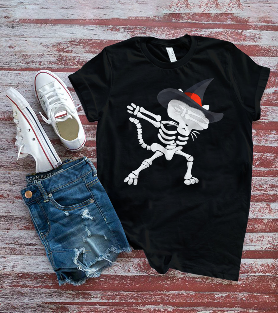 Dabbing Cat Skeleton With Witch Hat T-Shirt