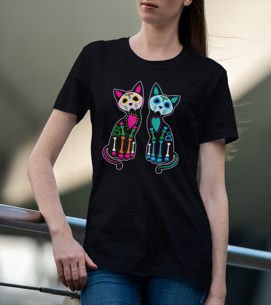 Day Of The Dead Sugar Skull Skeleton Cats T-Shirt