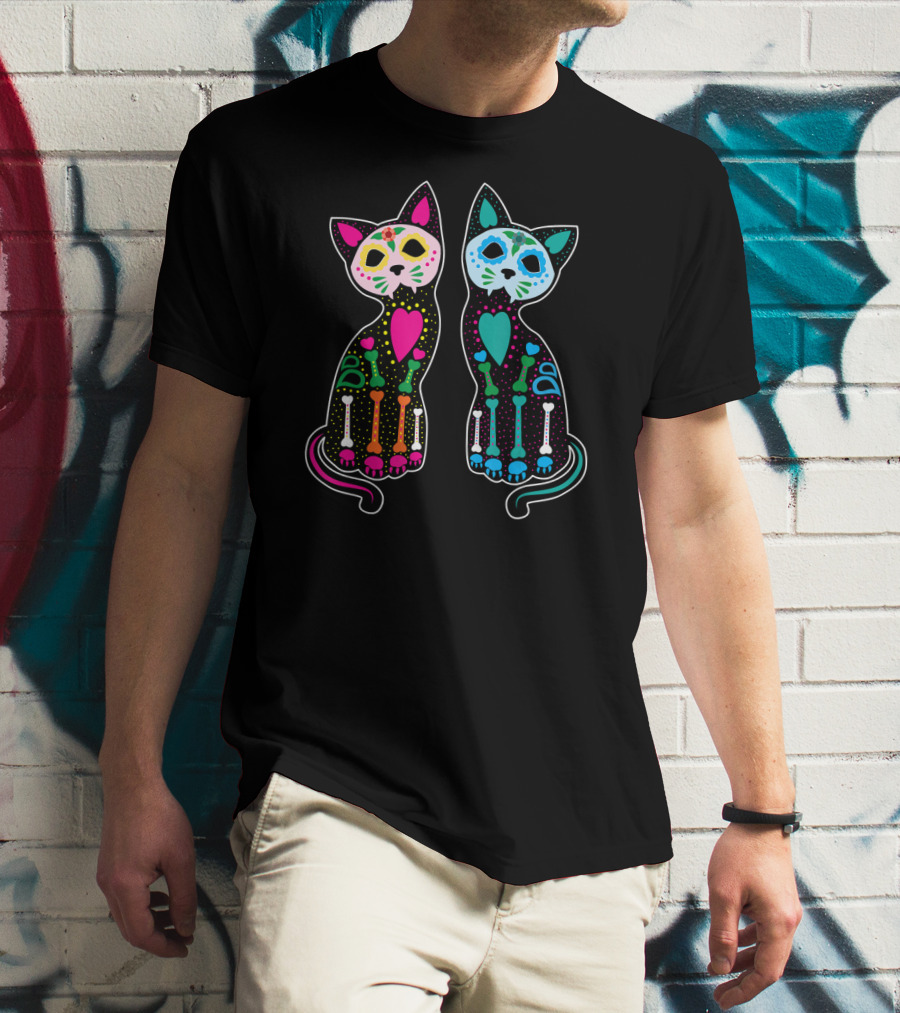Day Of The Dead Sugar Skull Skeleton Cats T-Shirt