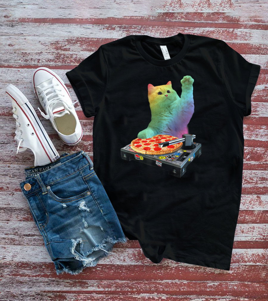 DJ Cat EDM Pizza Turntable Colorful Kitty Music Fun T-Shirt