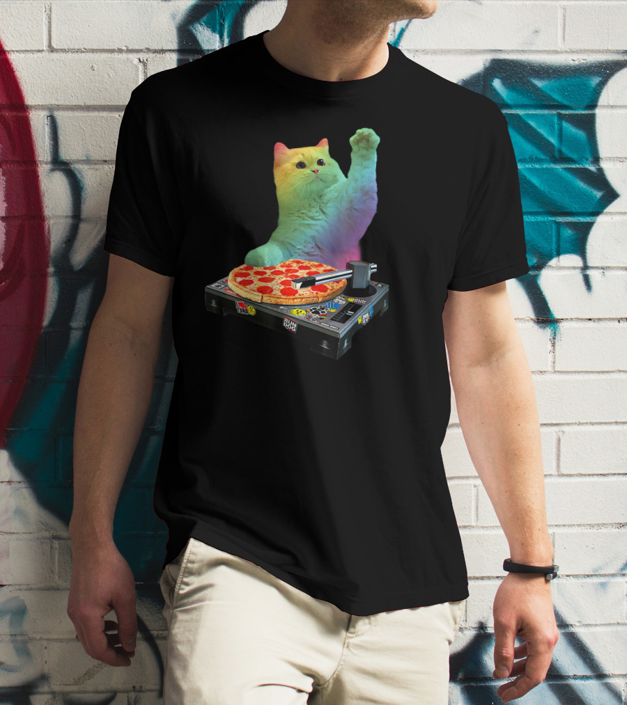 DJ Cat EDM Pizza Turntable Colorful Kitty Music Fun T-Shirt