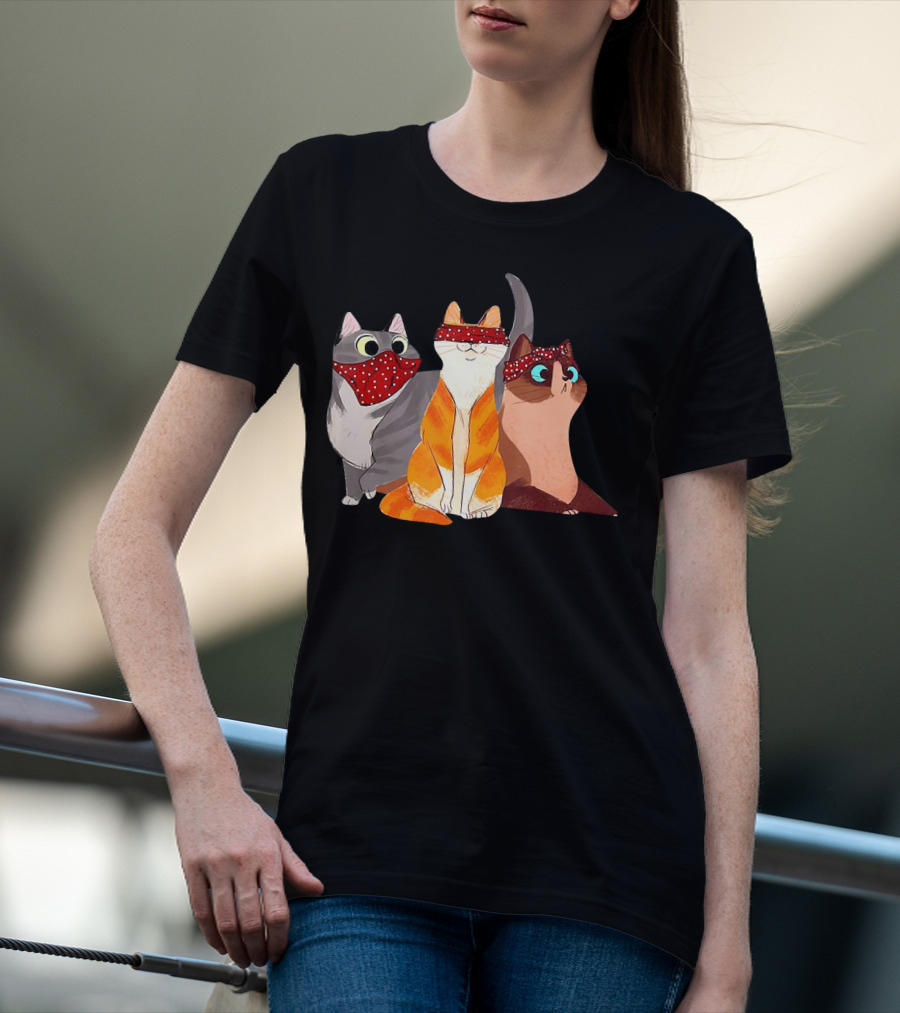 Polka Dot Bandana-Wearing Funny Cats Trio For Lovers T-Shirt