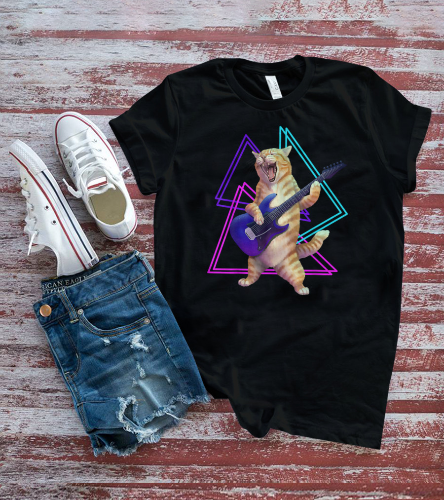 Guitar Cat Rock Kitty On Electric Guitar Neon Triangles T-Shirt