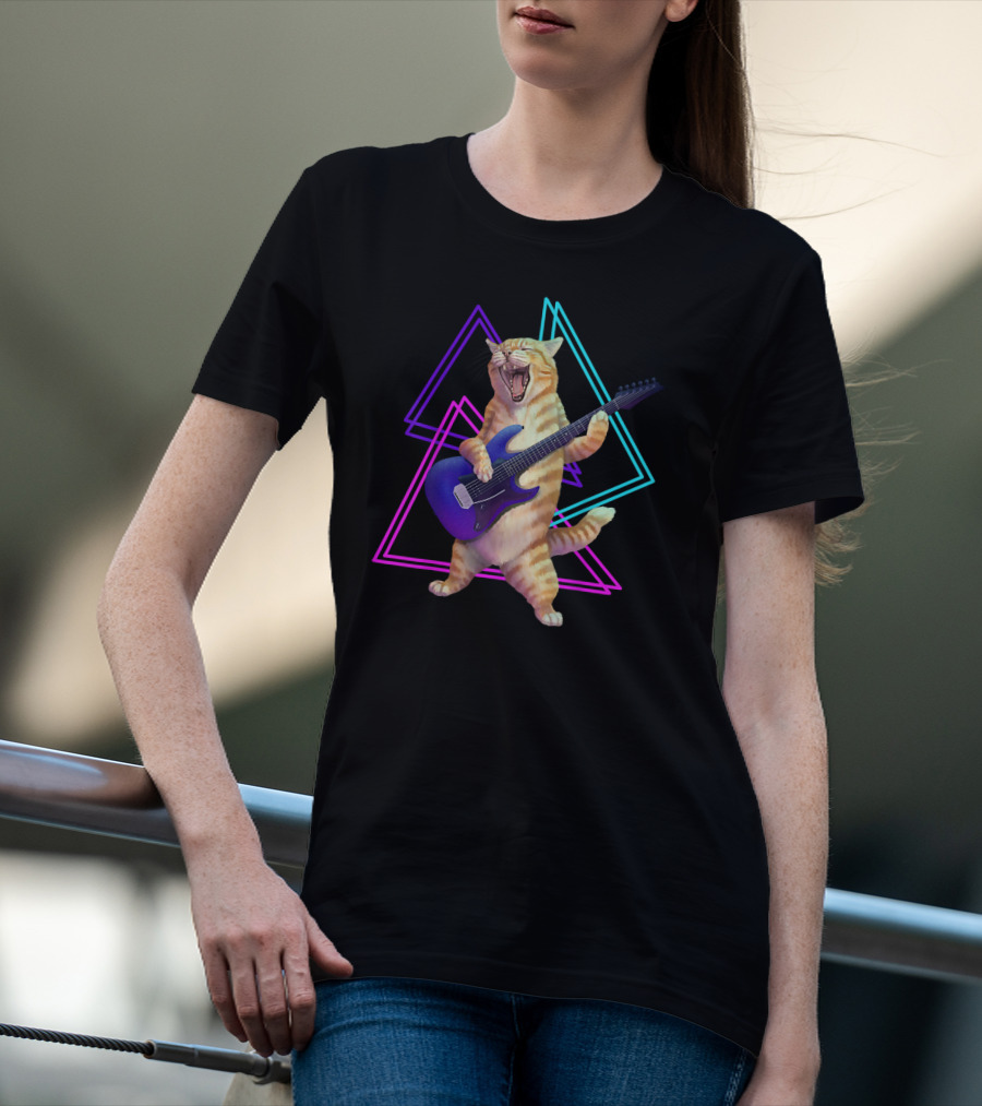 Guitar Cat Rock Kitty On Electric Guitar Neon Triangles T-Shirt