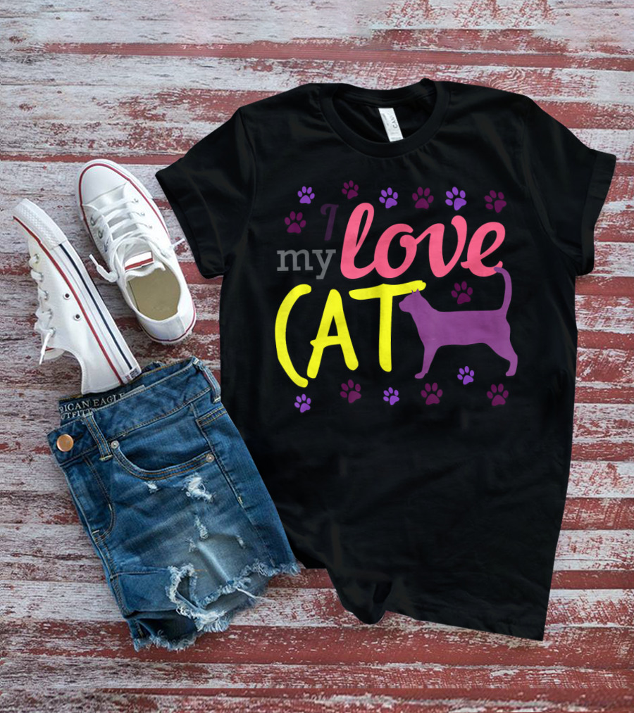 I Love My Cat Feline Owner Cute Pet Purple Paw Prints T-Shirt