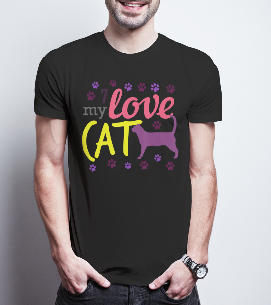 I Love My Cat Feline Owner Cute Pet Purple Paw Prints T-Shirt