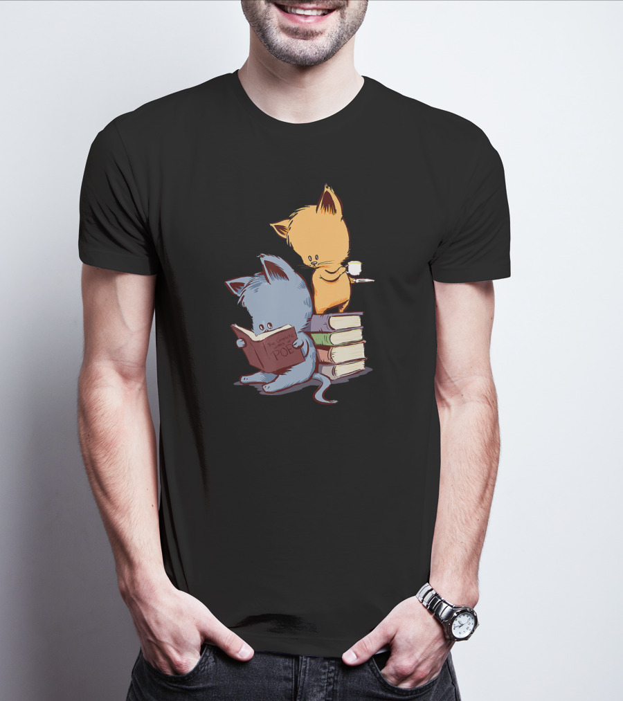 Kittens Reading Edgar Allan Poe With Tea And Books T-Shirt