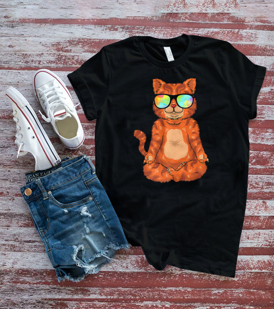 Meditating Cat In Colorful Sunglasses Yoga Pose Cute Drawing T-Shirt